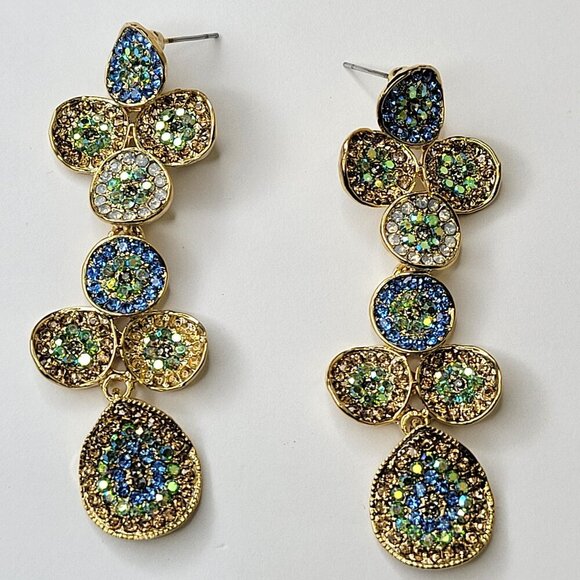 Blue And Green Crystal Long Earrings - Picture 1 of 11